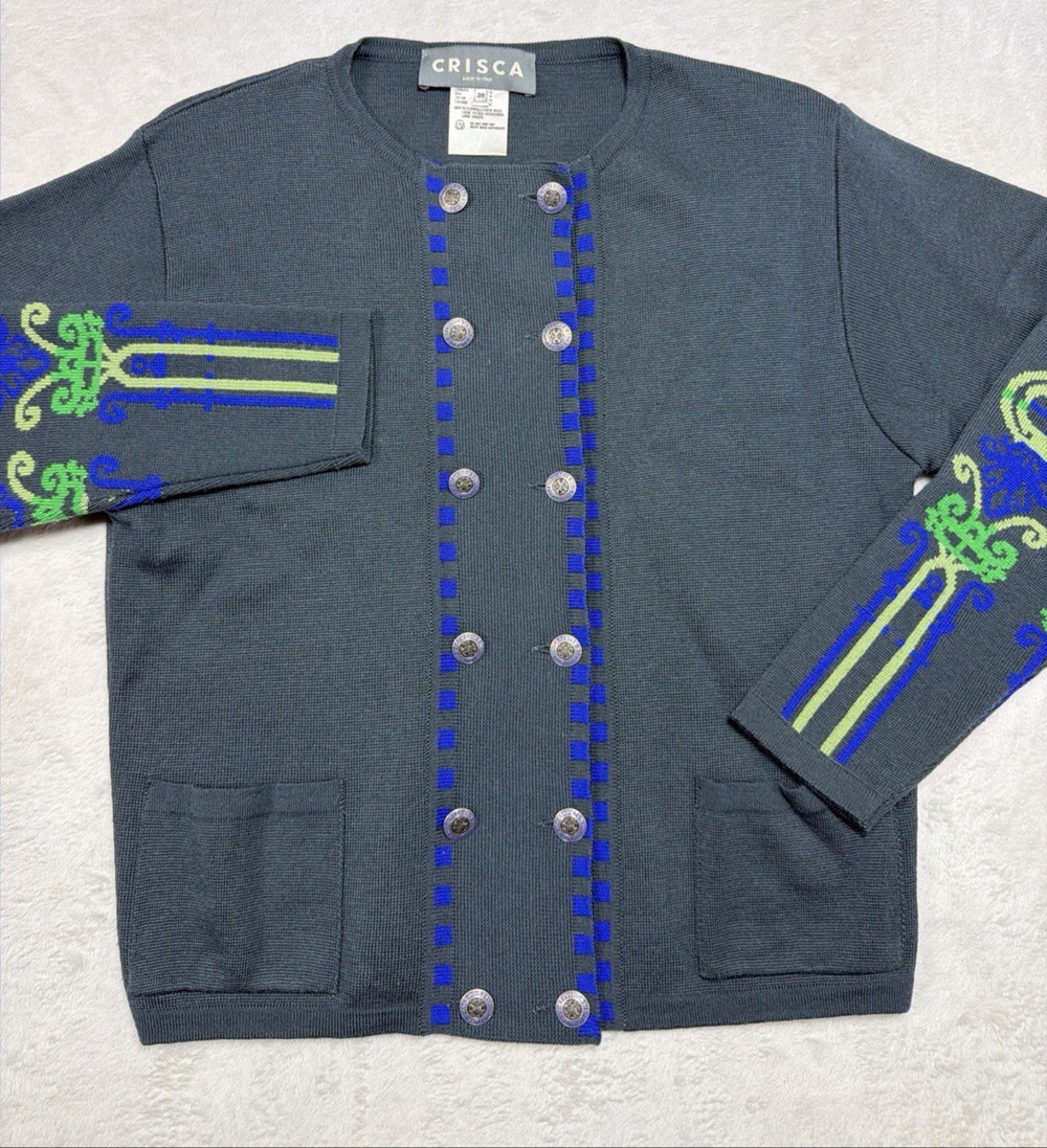 Vtg Crisca Escada Wool Cardigan Jacket Ornate Intarsia Crest Buttons Italy Sz M